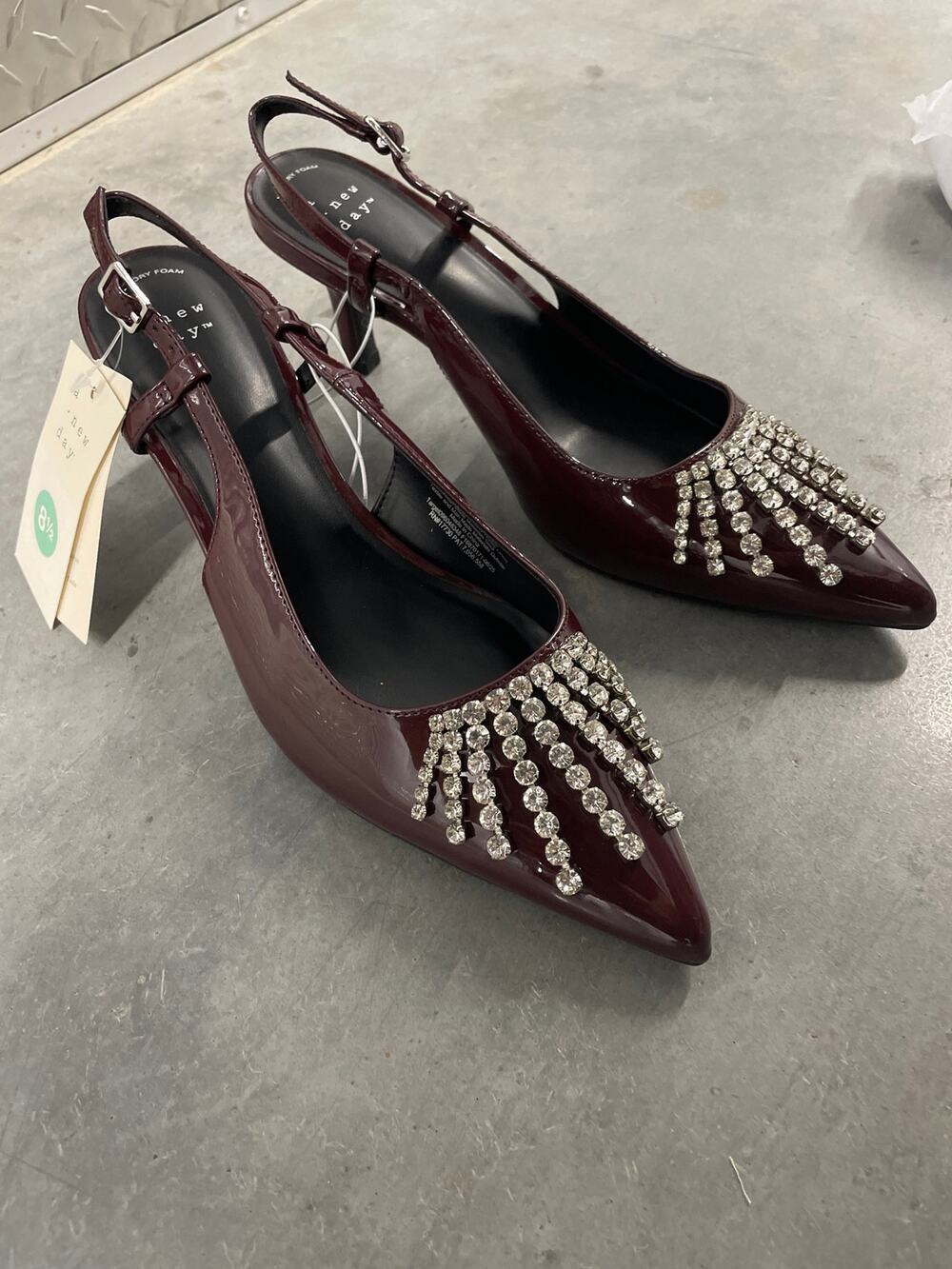 Women’s a. new day Burgundy Strap Heeps with Rhinestones Burst on Toe Size 8.5